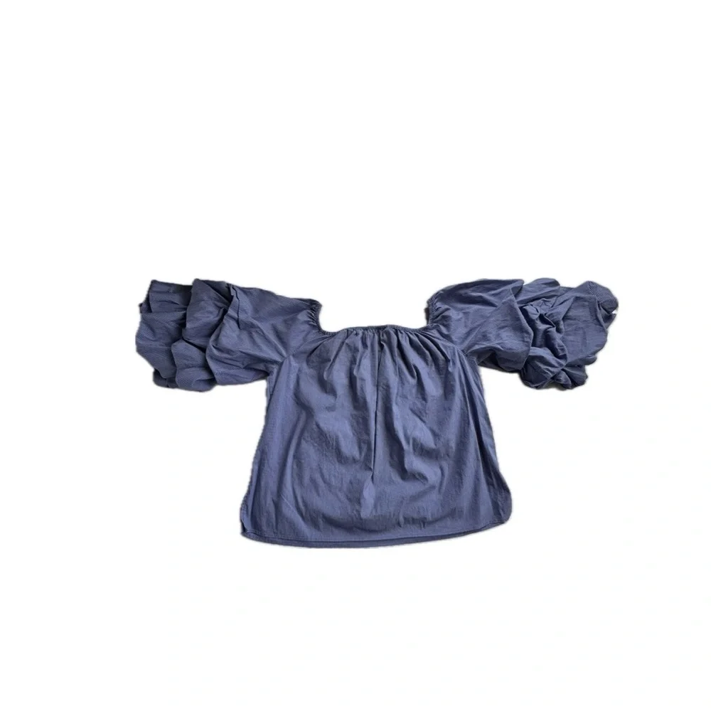 ZARA Off-The-Shoulder Puff Sleeve Blouse Women’s Large Blue & White Striped Top